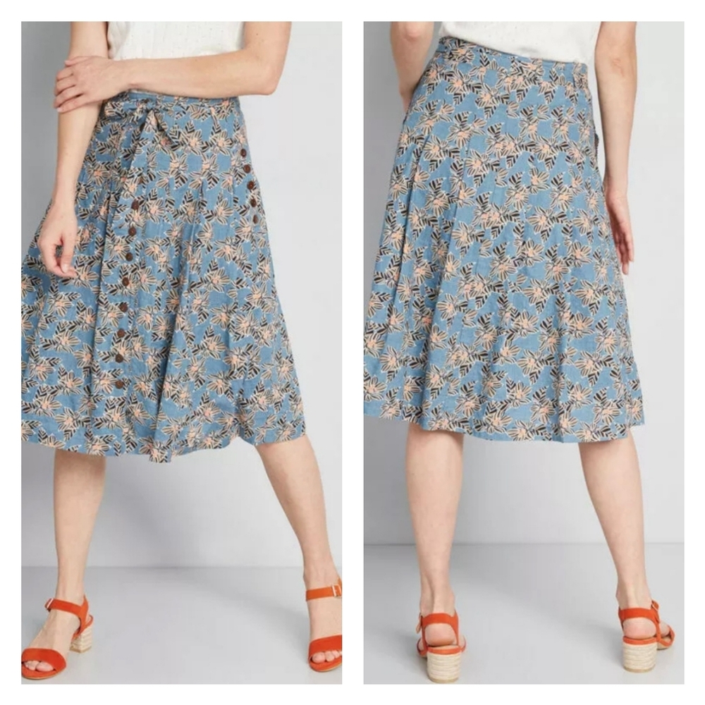 Modcloth Bring To Life Blue Floral Cotton‎ A-Line Pleated Skirt Pockets